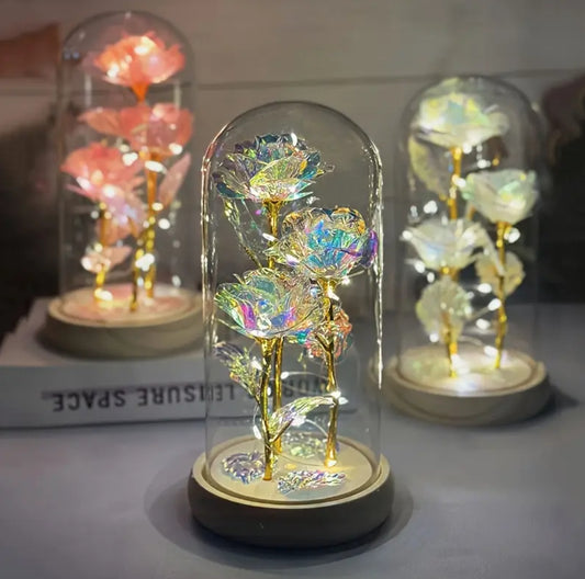 Dôme en Verre Élégant avec Roses Artificielles Lumineuses à LED - Florale 3D Multicolore 🌹✨