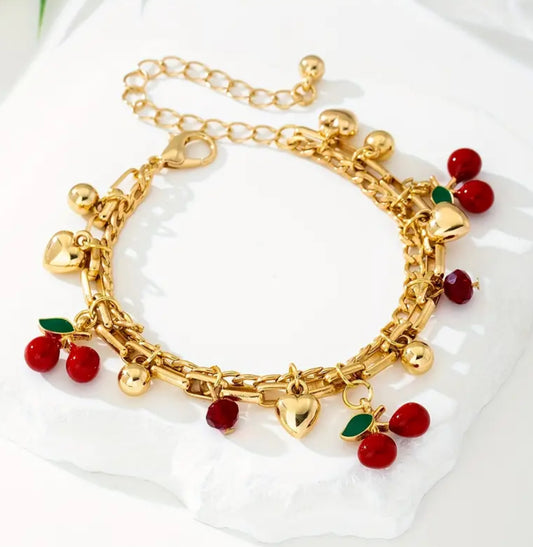 Bracelet cerises perles et cœur