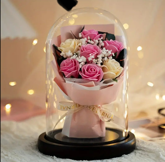 Roses Artificielles Romantiques Sous Le Dôme En Verre, Coffret Cadeau de Fleurs éternelles, Bouquet de roses 🌹