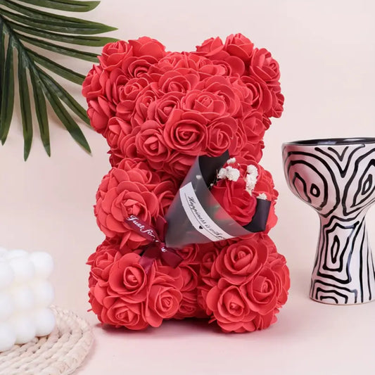 Grand Bouquet d'Ours en Peluche avec Rose Rouge dans un Design Câlin de Coeur, Ruban Noir et Nœud Blanc - Arrangement Floral 🌹