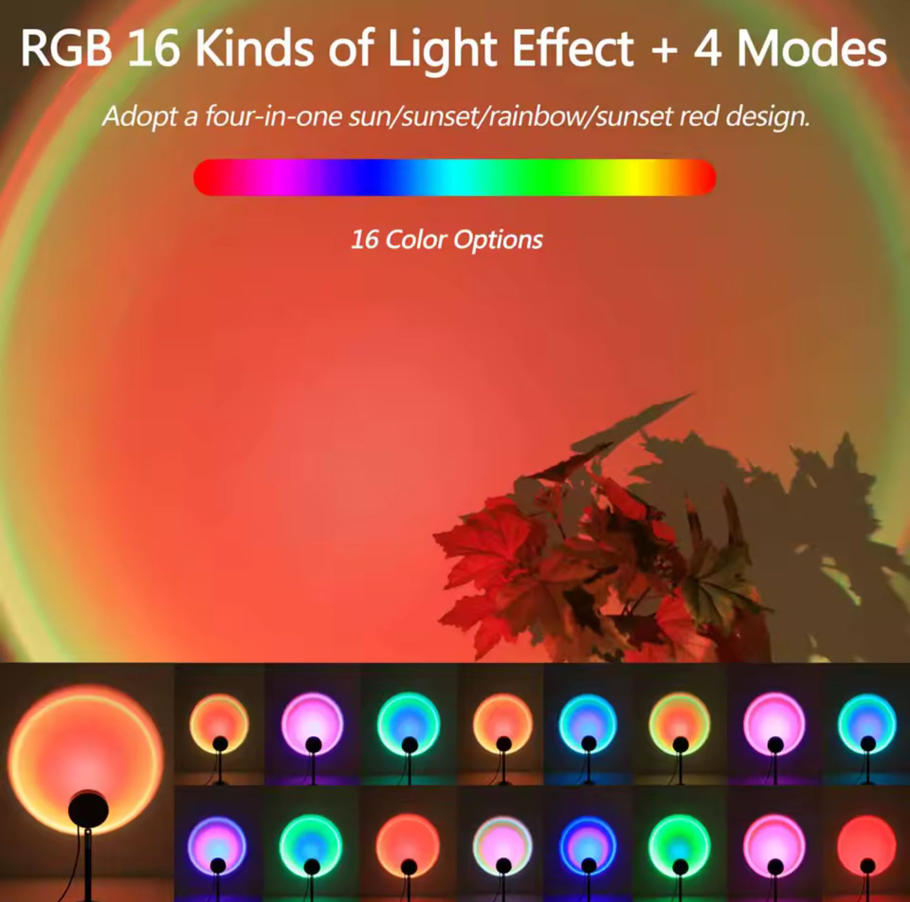 Lampe Coucher de Soleil, Sunset Lamp avec USB, Lumière Arc-en-Ciel Veilleuse LED Réglable en Hauteur (16 Couleurs)